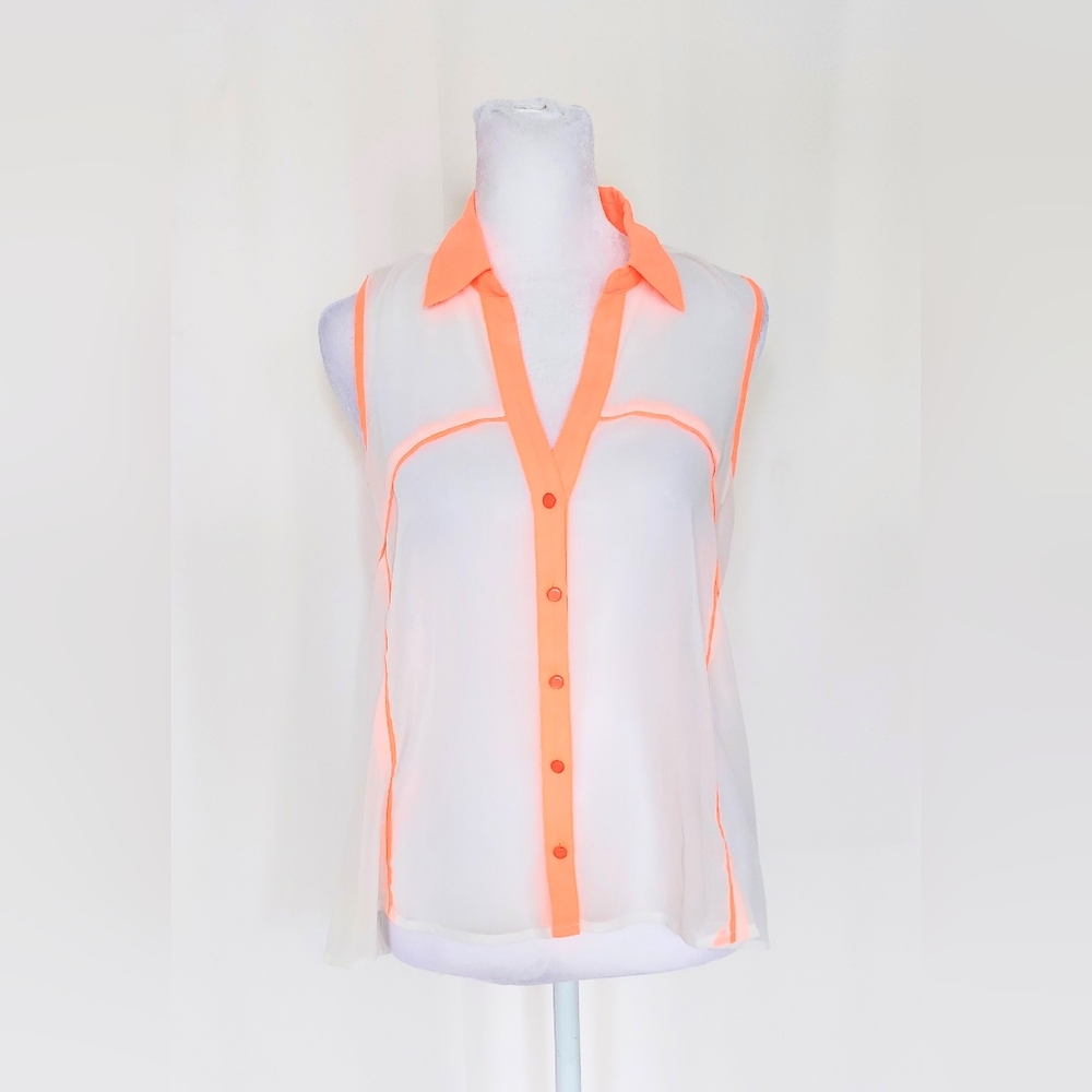 Event Sheer Sleeveless Button Up White Orange Trim Womens Size Small